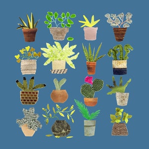 POTTY PLANTS,16 vrolijke cactussen en vetplanten in potten met 2 achtergrondopties. Bedrukte kaart voor plantenliefhebbers van een origineel collagekunstwerk
