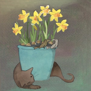 TETE A TETE.Um vaso de narcisos da primavera e dois pássaros, escolha um com gato observando e um sem. . cartão impresso da colagem original