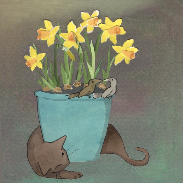 TETE A TETE.A pot of spring narcissi and two birds , choose from one with watching cat and one without. . printed card from collage original