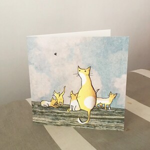 The Fly. A lazy afternoon where a yellow cat and her kittens watch a fly . Printed card from collage original. image 2