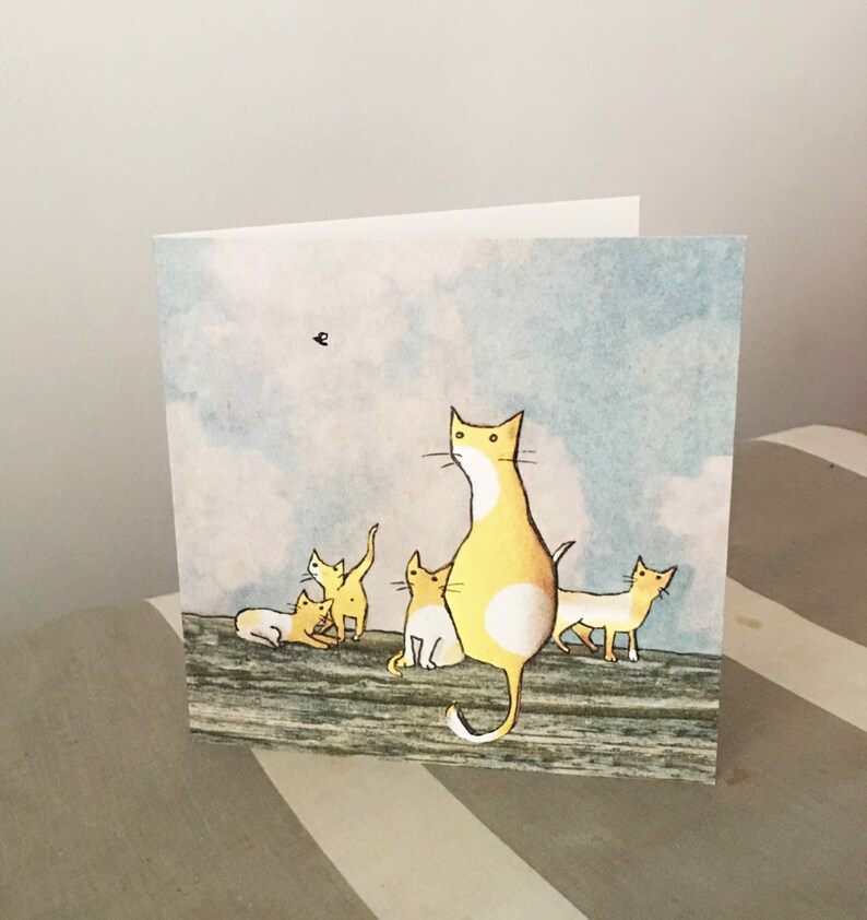 The Fly. A lazy afternoon where a yellow cat and her kittens watch a fly . Printed card from collage original. image 2