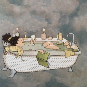 BATHTIME BLISS ...een warm bad, een goed boek, een glas wijn en, oeh, heerlijk wat tijd voor jezelf. Gedrukte kaart van origineel collage.