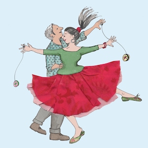 YO-YO DANCING , Ein extravagantes Paar, das sich gleichzeitig zwei glücklichen Spielen hingibt , warum nicht ? Gedruckte Karte aus Collagen-Original ..