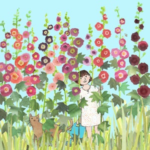 Roses trémières belle heureuse en train de faire des roses trémières avec une petite fille et un chat. Imprimé à partir d'un collage original