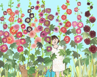 HOLLYHOCKS lovely  happy making hollyhocks with a small girl and a cat. Printed from collage original