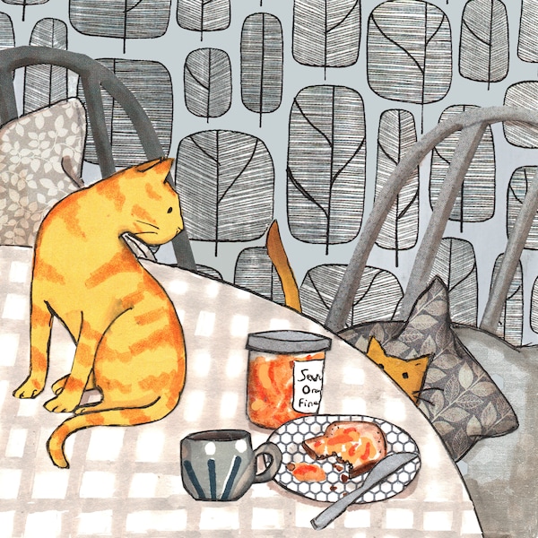 TOAST AND MARMALADE and Ginger the Gorgeous . A choice of two cat cards in lovely colours .Fun printed cards from a collage originals.