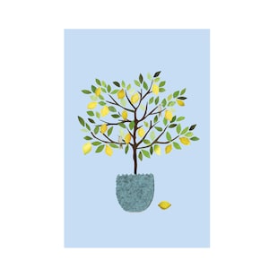 May include: A potted lemon tree with green leaves and yellow lemons. There are small birds perched on the branches. The pot is a light blue colour.