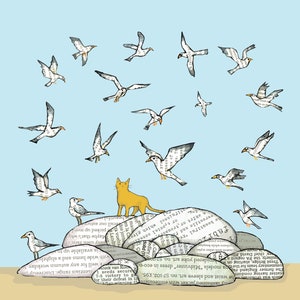 CHAT MOUETTE. Un petit chat roux partant à l'aventure pour observer les mouettes ! Carte imprimée à partir d'un collage original.