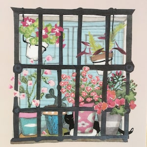 Spanisches Fenster .. bunte Geranien und andere Topfpflanzen im Fenster mit einem typisch spanischen Grill. Gedruckte Karte von Collage Original