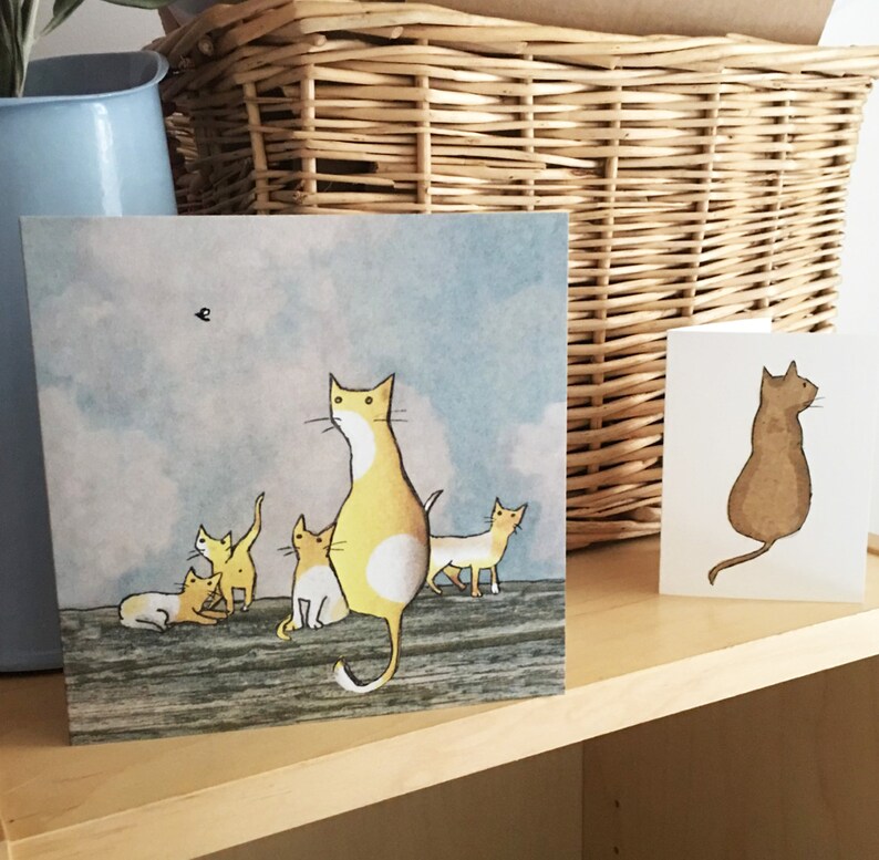 The Fly. A lazy afternoon where a yellow cat and her kittens watch a fly . Printed card from collage original. image 3