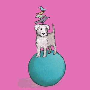 CANE SU UNA PALLA, carino e colorato...un cagnolino amichevole in equilibrio su una palla! cartolina stampata da un collage originale