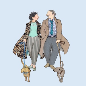 WANDELEN .... aan het wandelen, een netjes gekleed stel en hun twee honden. Gedrukte kaart van originele collage.