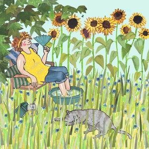 J'ai chaud, j'ai chaud, j'ai chaud, un livre, un chat et vos pieds dans un bol d'eau fraîche. carte imprimée à partir d'un collage original.