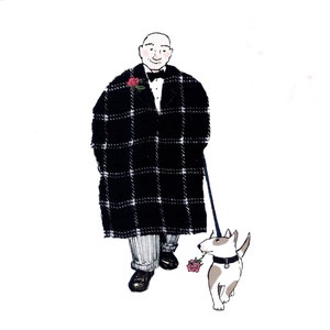 STEPPING OUT :great understated card,a gent out for a walk with his dapper dog each with a red rose. printed card from collage original
