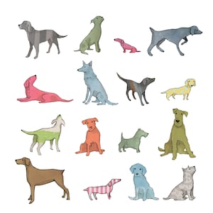 DO0 DAH CHIENS .  16 chiens différents aux couleurs vives qui font des choses avec leur chien. Carte amusante pour les amateurs de chiens.  carte imprimée à partir d'un collage original