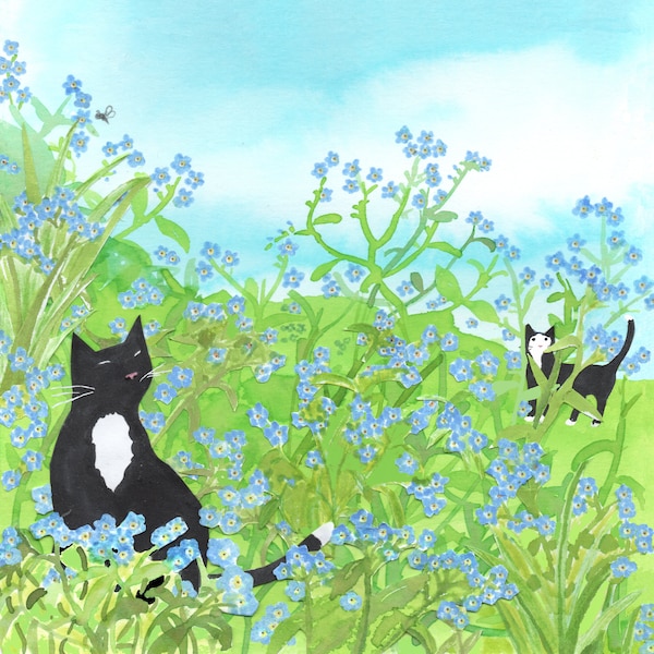 FORGET-ME-NOTS,2 black and white cats in a bed of forget-me-nots ,a dreamily happy picture for cat lovers.Printed card from collage original