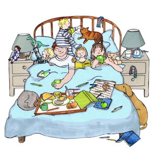 PETIT DÉJEUNER AU LIT. Oh, ces petits matins où vous espériez faire la grasse matinée, mais… non ! Une carte joyeuse pour les parents de partout, petits et grands.