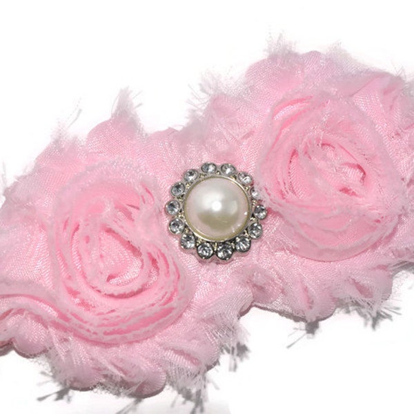 Pink Newborn Headband, Baby Girl Head Band, Shabby Flower, Pearl Rhinestone Bling Head Band, Toddler, Infant Hairband, Photography Prop