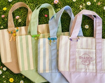 Striped Trader Joe Mini Canvas Tote Bag with Beaded Charm