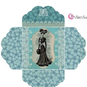 Élégance VINTAGE VikkiVines. Bleu sarcelle Shabby Chic. Romance victorienne. Enveloppe pliante, carte et étiquettes. Cadeaux, journaux, notes d'amour.