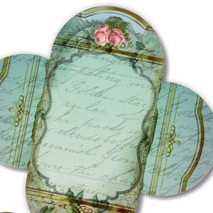 Élégance VINTAGE VikkiVines. Jeu de cartes-cadeaux. Shabby Chic vert avec des roses roses. Romance numérique victorienne. Journal, album, mot d'amour.