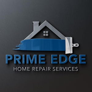 May include: A logo for "Prime Edge Home Repair Services" features a house silhouette with a blue paint stroke and a paintbrush. The text "PRIME EDGE" is in blue, 3D-effect lettering, with "HOME REPAIR SERVICES" below in white.