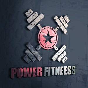 Può includere: Un logo per un'azienda di fitness chiamata "POWER FITNEESS". Il logo presenta due manubri incrociati con un cerchio rosso che contiene una stella bianca al centro.