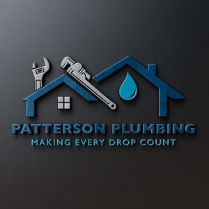 Op de afbeelding: Een logo voor Patterson Plumbing, met een blauw huis, een waterdruppel, twee moersleutels en de tekst "Making Every Drop Count".