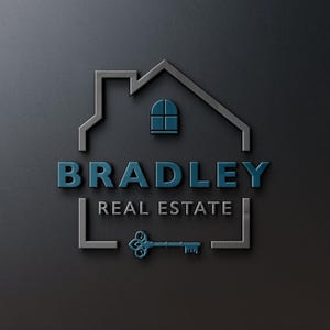 A 3D logo on a dark textured wall, featuring a gray house outline, blue "BRADLEY REAL ESTATE" text, and a blue vintage key.