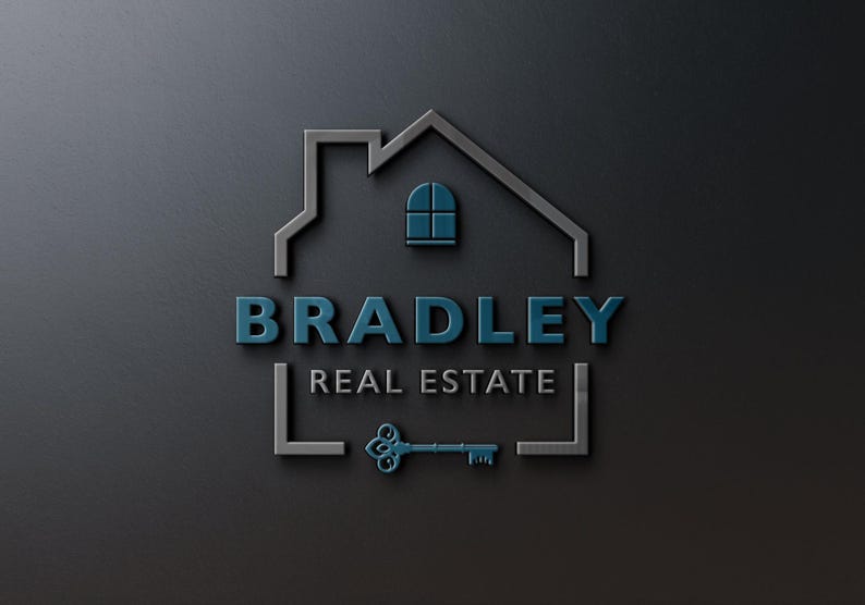 A 3D logo on a dark textured wall, featuring a gray house outline, blue "BRADLEY REAL ESTATE" text, and a blue vintage key.