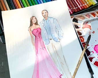 Live Wedding Sketch, Custom Fashion Illustration created in Live Event Sketch Style, Watercolor Guest Portrait, Watercolor Guest Portraits