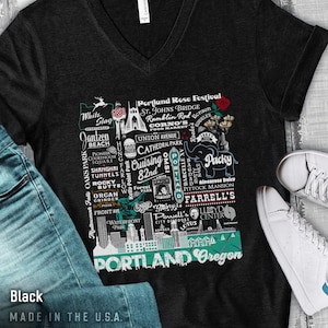 V-Neck (Front Print) Portland Oregon Retro Tee 1970s-1980s Places: Rose Festival, Packy, PDX Carpet Unisex Short Sleeve T-Shirt