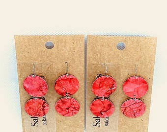 Mother's Day, Handmade, Mom, Love Paper Jewelry Gifts Under 20, Statement Earrings, Alcohol Ink Reversible Red Circle Earrings Cottagecore