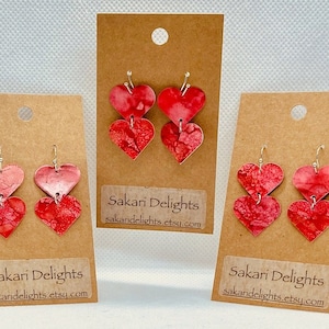 Easter Gift, Heart Paper Earrings, Handmade, Mom, Statement Jewelry Gifts Under 20, OOAK, Alcohol Ink Reversible Red Earrings Cottagecore