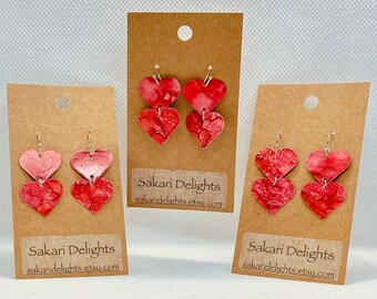 Mother's Day, Heart Paper Earrings, Handmade, Mom, Statement Jewelry Gifts Under 20, OOAK, Alcohol Ink Reversible Red Earrings Cottagecore