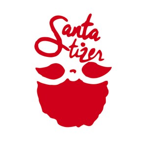 May include: A red graphic on a white background features the word "Santatizer" in a stylized script above a red Santa Claus face. The face includes a mustache and beard, creating a festive holiday design.