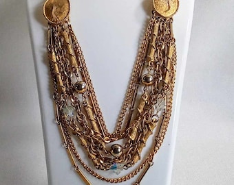 JP632 Stunning Vintage Multi Strand Gold Tone Necklace. Free Global Shipping