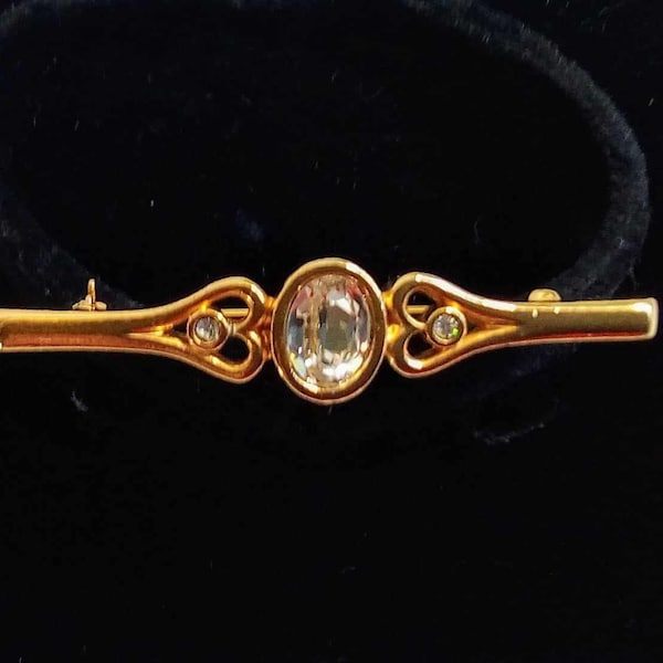 JP206. Pretty Vintage Gold Tone Bar Brooch. Rhinestone Accents. Edwardian Inspired. Free Global Shipping.