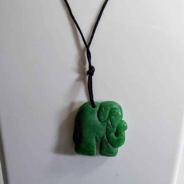 JP624 Vintage Green Jadeite Jade Carved Elephant Pendant on Black Cord. New Old Stock. Free Global Shipping