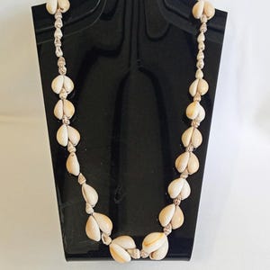 Könnte beinhalten: Eine Halskette aus natürlichen Muscheln, die verschiedene Formen und Größen aufweist. Die Muscheln sind mit einer neutralfarbenen Kordel aufgefädelt, wodurch ein einzigartiges und organisches Accessoire entsteht. Die Halskette wird auf einem schwarzen Ständer präsentiert.