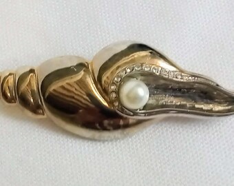 JP3411 Vintage Silber Ton Muschel Brosche mit Faux Perle und klarem Stein Akzente. um 1980