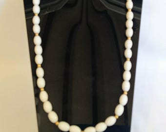 JP3659 Vintage White Resin Beaded Necklace. Gold Tone Spacers. Single Strand. c1970s