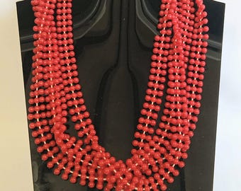 JP3656 Vintage Red Acrylic Multi Bead Necklace. 4 Strands. c1970s