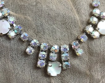 F10 Vintage Mother of Pearl and Aurora Borealis Diamanté Crystal choker necklace. Free tracked shipping.