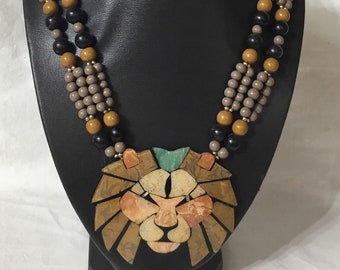 F94 Vintage Lee Sands Hawaiian design Lion Head inlaid MOP etc plus Beaded Necklace. Free shipping.