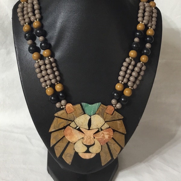 F94 Vintage Lee Sands Hawaiian design Lion Head inlaid MOP etc plus Beaded Necklace. Free shipping.