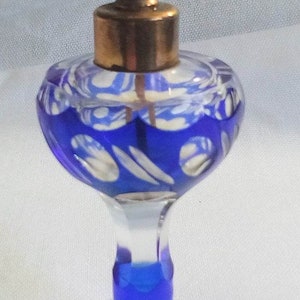 P12 Vintage Art Deco Colbalt Blue Bohemian glass perfume bottle, Moser cut style.  No puffer. Tracked Shipping