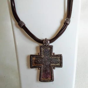 D105 Vintage Silver Tone Cross with Leather Cord by Premier Designs. c1980's. Gift Idea