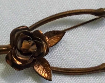 JP220. Vintage Copper Toned Wishbone Brooch with Rose Flower Accent. Free Global Shipping