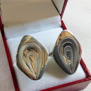 May include: A pair of silver-toned, abstract-shaped earrings with a layered, fan-like design. The earrings are displayed inside a red jewelry box with a white interior, set against a white background.